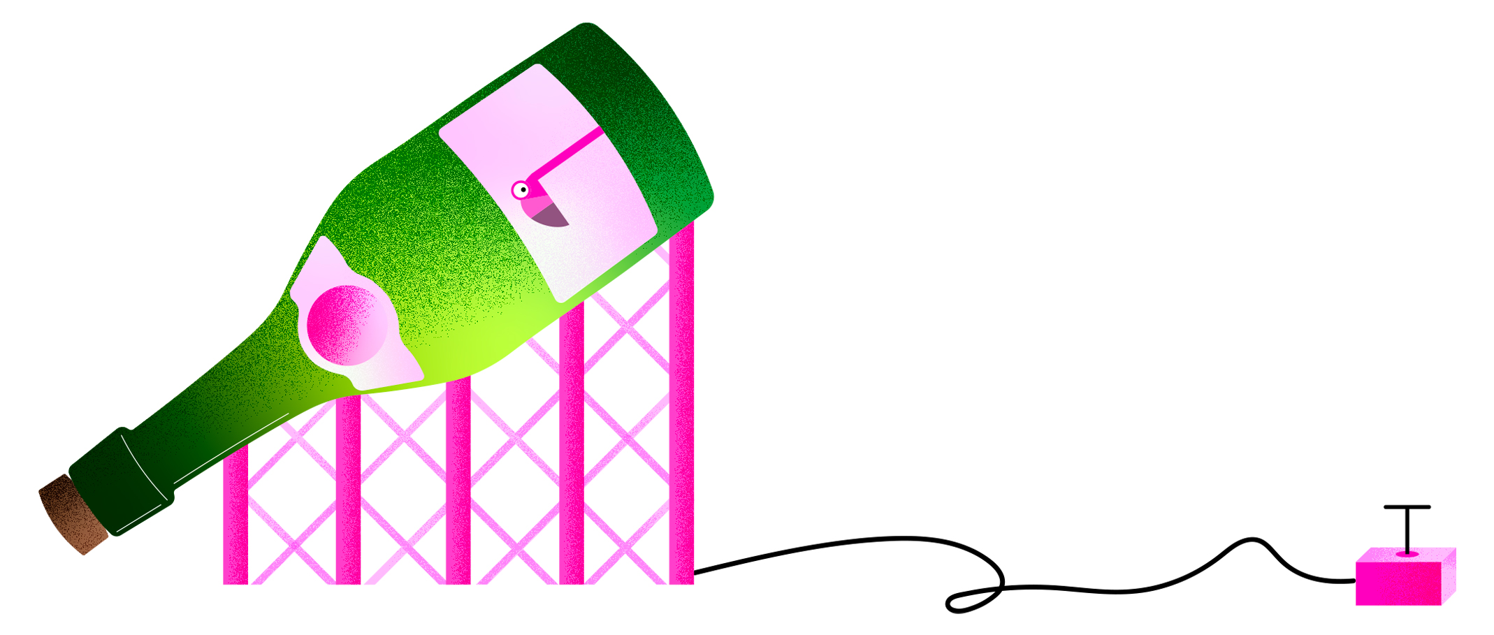 Une bouteille de vin rosé est posée sur une structure en métal rose, avec un flamant rose à l'intérieur. Un câble relie la bouteille à un détonateur.