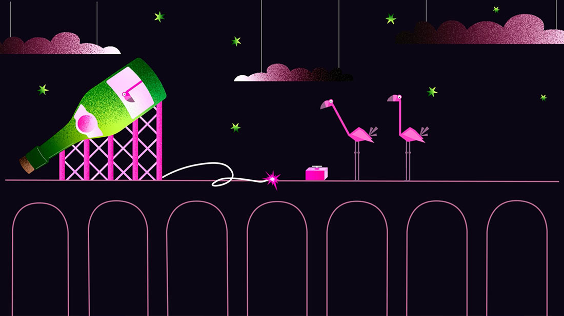 Une bouteille de champagne est posée sur une structure en métal rose, avec des flamants roses à côté, sous un ciel nocturne étoilé.