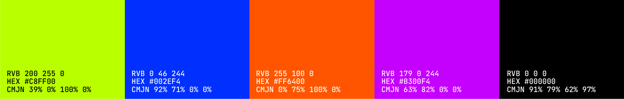 Palette de couleurs utilisée pour le design de l'application et de l'identité visuelle, avec les codes RVB, HEX et CMJN.