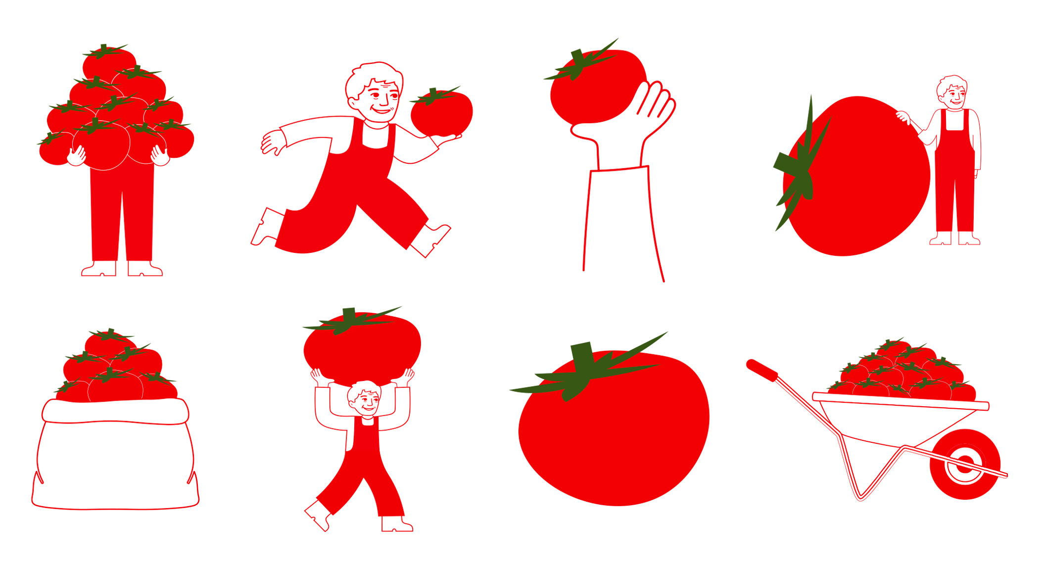 Différentes illustrations de mascotte pour Eric le Tomatologue. Éric tenant une tomate dans sa main, tenant plusieurs tomates dans ses bras, à côté d'une très grosse tomate, portant une grosse tomate sur son dos...