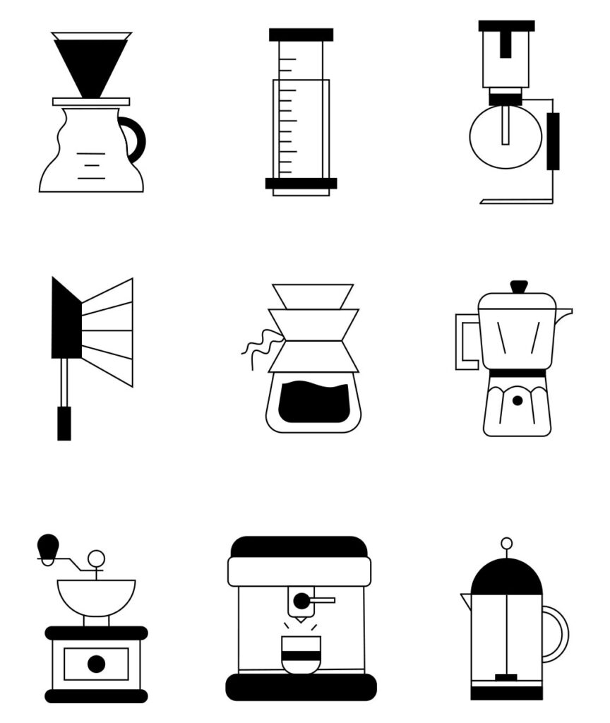 Cette image présente une série d'icônes illustrant diverses méthodes de préparation du café, telles que la cafetière à piston, la machine à expresso, la cafetière italienne, et d'autres appareils de préparation du café.