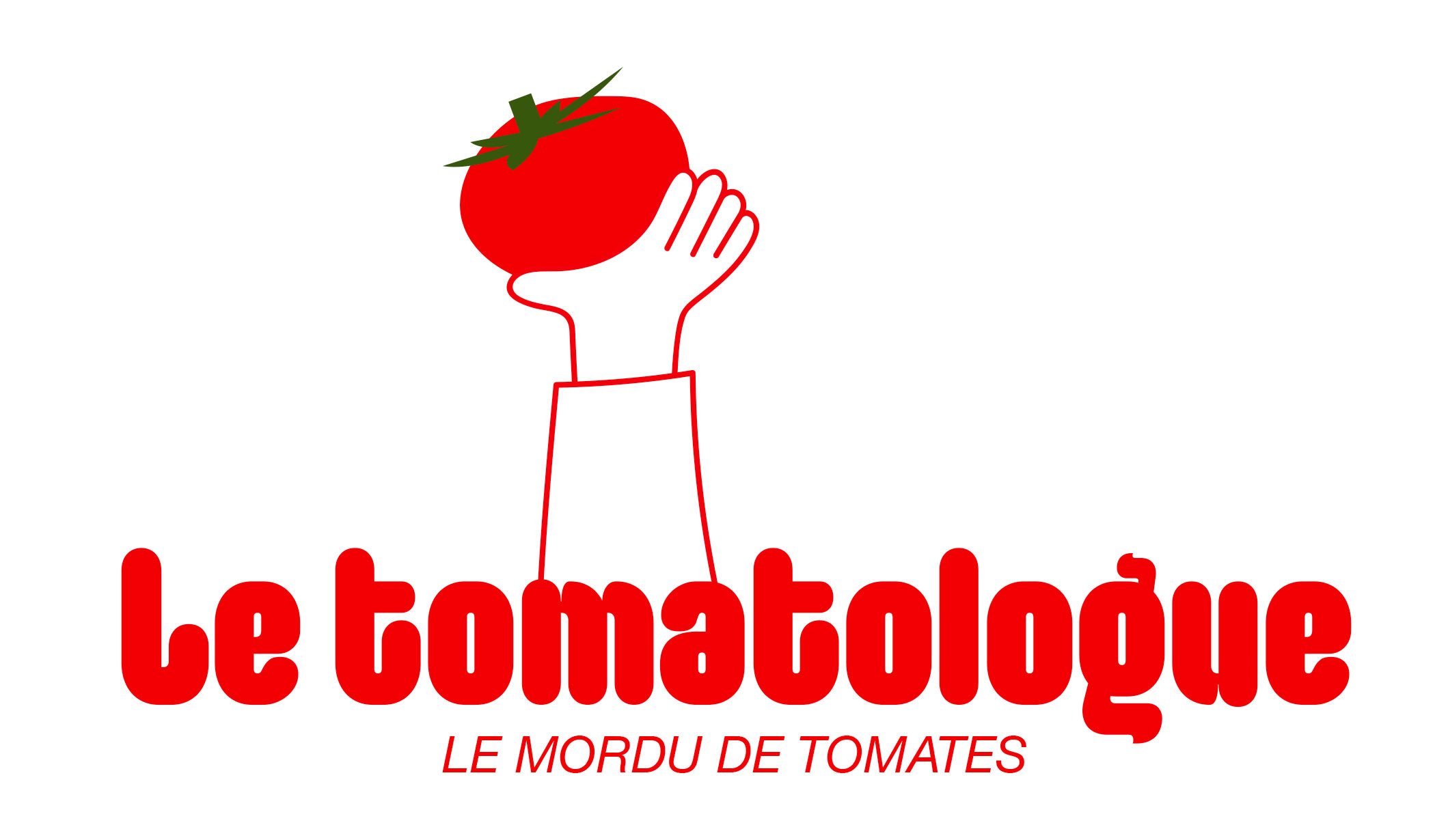 Logopour Le Tomatologue avec une main tenant une tomate et le texte en rouge "Le Tomatologue - Le mordu de tomates".