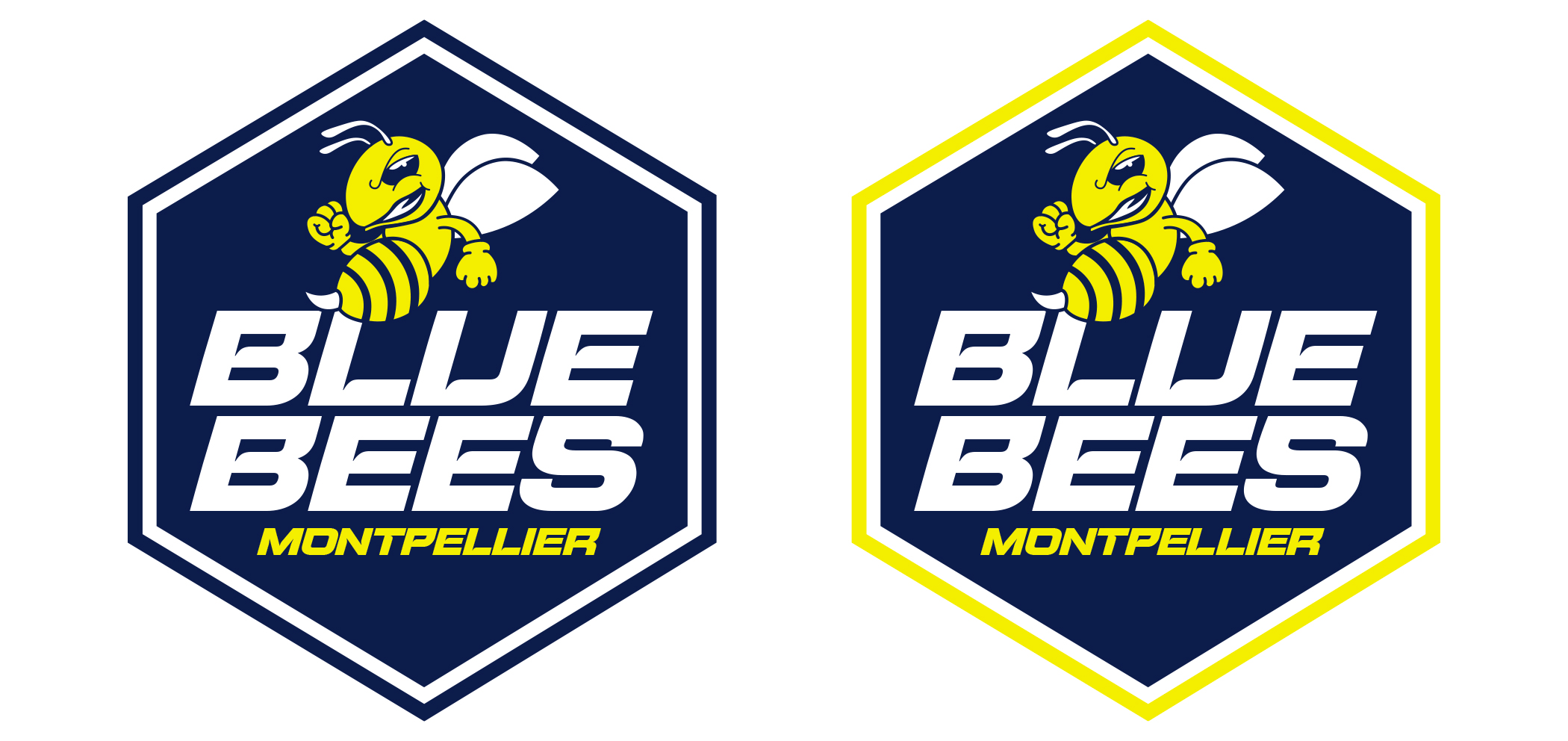 Deux versions du logo des Blue Bees de Montpellier. Les deux logos présentent une abeille stylisée avec des variations de couleurs et de bordures.
