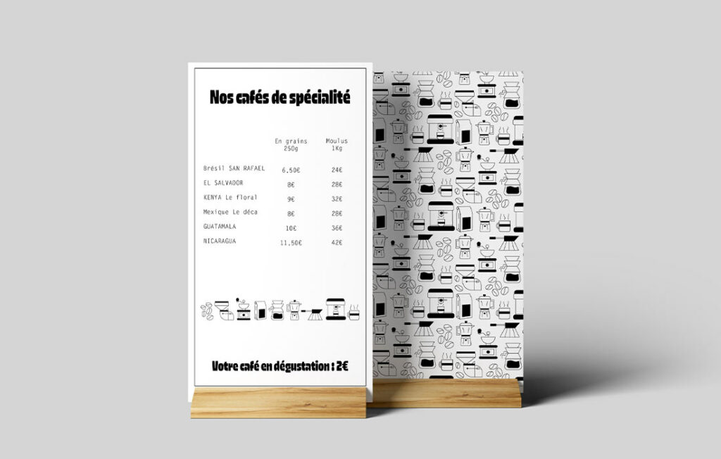 Cette image montre un menu présentant les différents cafés de spécialité disponibles, avec les prix indiqués pour les versions en grains (250g) et moulus (1kg). Le menu inclut également une offre de dégustation de café à 2€.