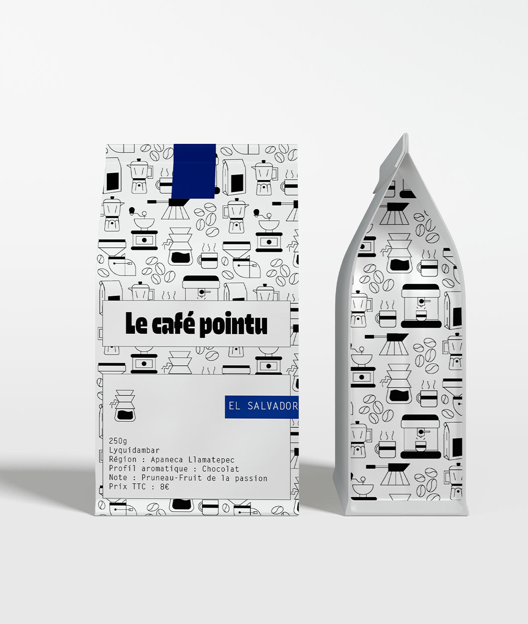 Paquet de café de la marque Le café pointu, origine El Salvador vue de face et de profil. Le paquet est décoré avec des illustrations en noir et blanc et une étiquette bleue. Le café provient de la région Apaneca Llamatepec et offre un profil aromatique chocolaté avec des notes de pruneau et de fruit de la passion.