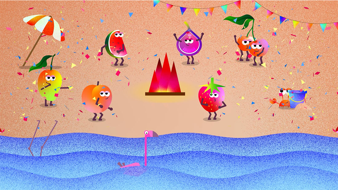 Différents fruits anthropomorphes, tels que des fraises, des pastèques et des oranges, font la fête sur une plage ensoleillée avec des confettis et des décorations festives.