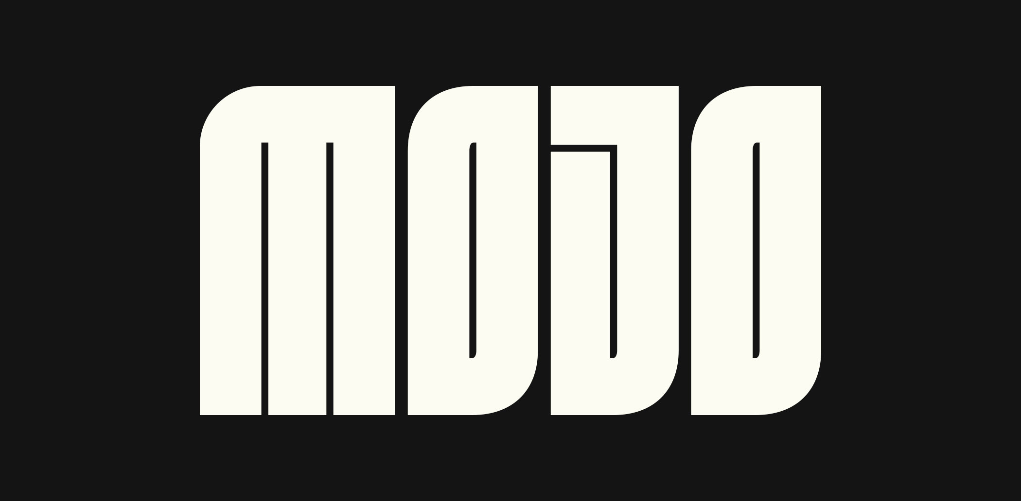 Typographie de la marque de gin Mojo en lettres blanches sur fond noir.