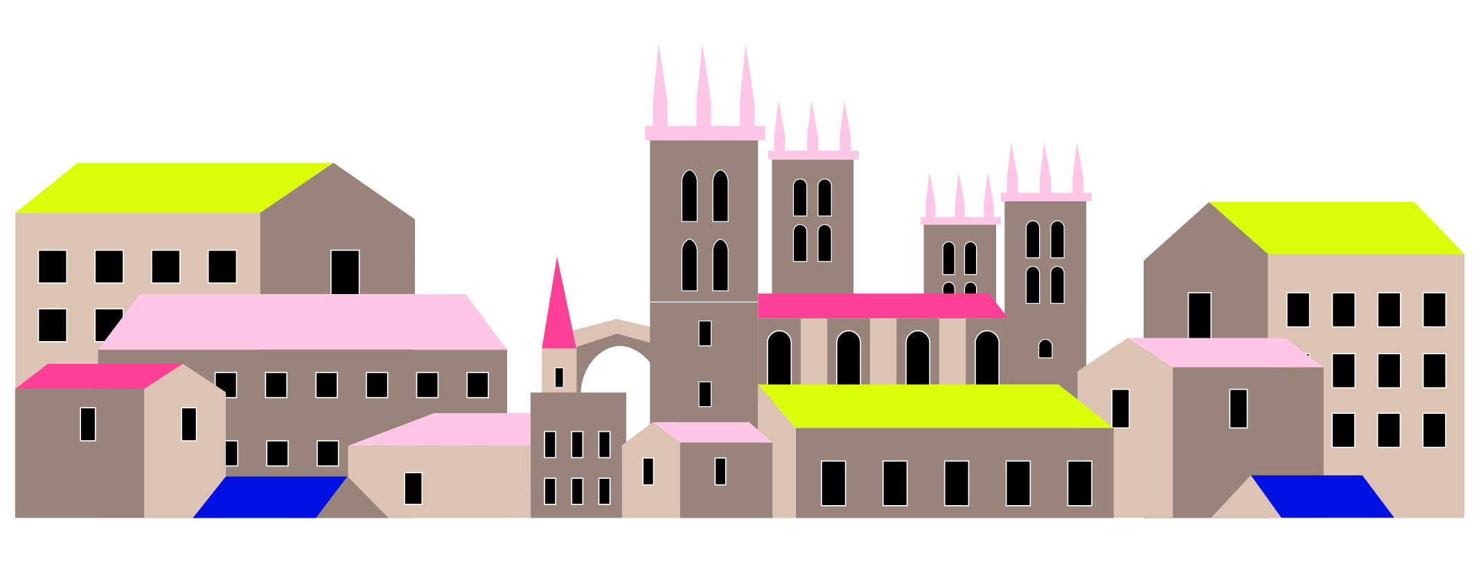 Une illustration de la ville de Montpellier avec des bâtiments variés et des toits colorés, mettant en avant une architecture urbaine charmante et vivante.