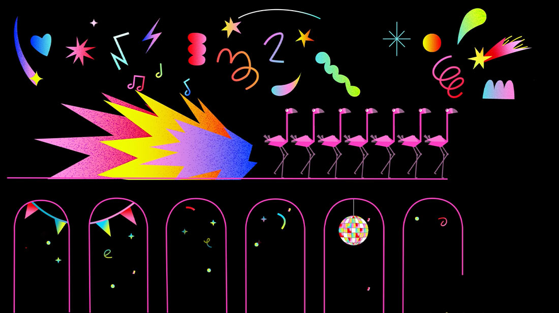 Une rangée de flamants roses sur une scène avec des effets lumineux colorés en arrière-plan, créant une ambiance festive et dynamique.