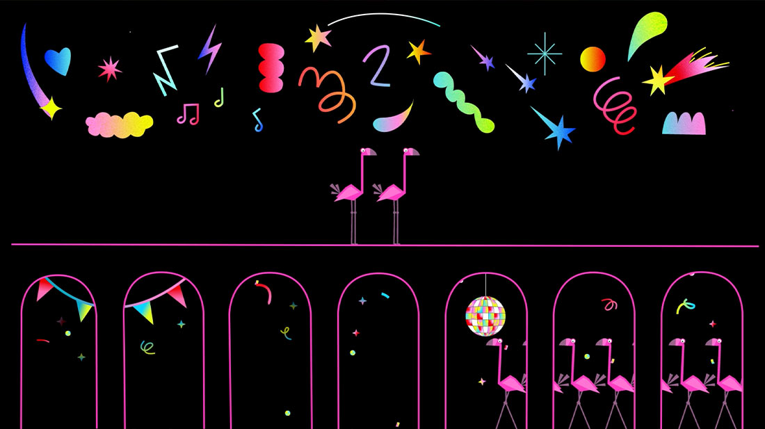 Une scène animée avec des flamants roses sur un fond noir, décorée de divers éléments colorés et festifs comme des étoiles, des notes de musique et des formes géométriques.