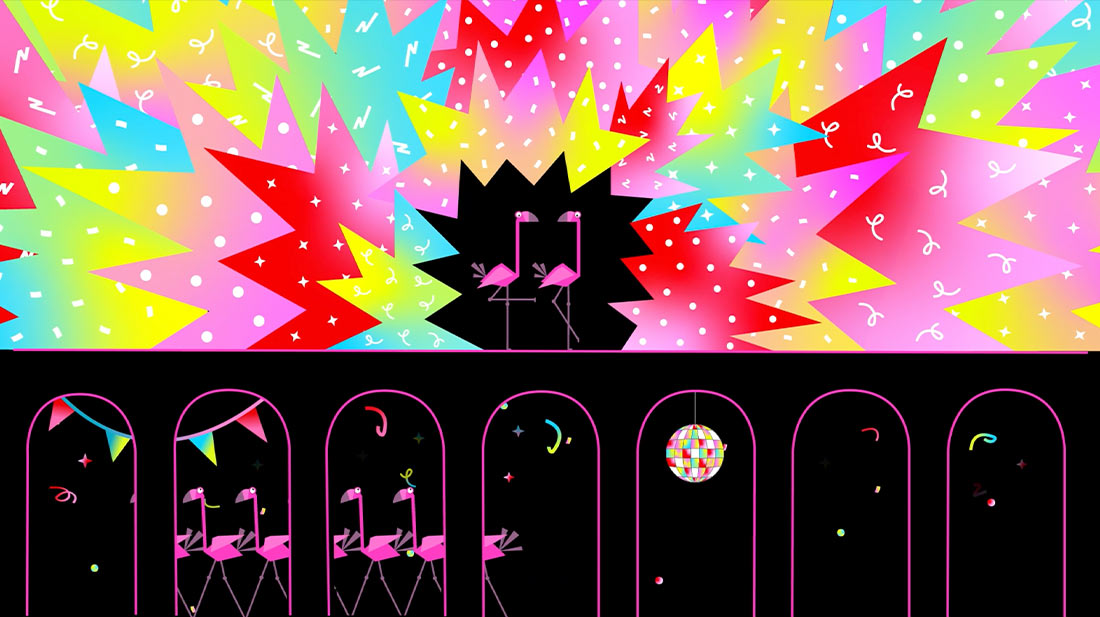 Des flamants roses sous une explosion de couleurs vives et de formes géométriques, avec des éléments festifs comme des confettis et des étoiles.