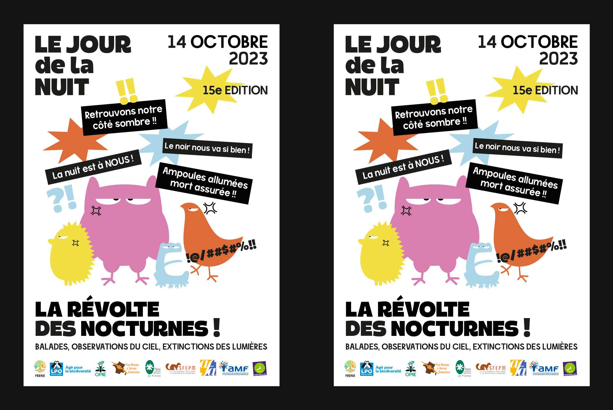 Affiches de l'événement "Le Jour de la Nuit" du 14 octobre 2023, 15e édition. Les affiches présentent des personnages d’animaux colorés et révoltés et des slogans pour la lutte contre la pollution lumineuse.