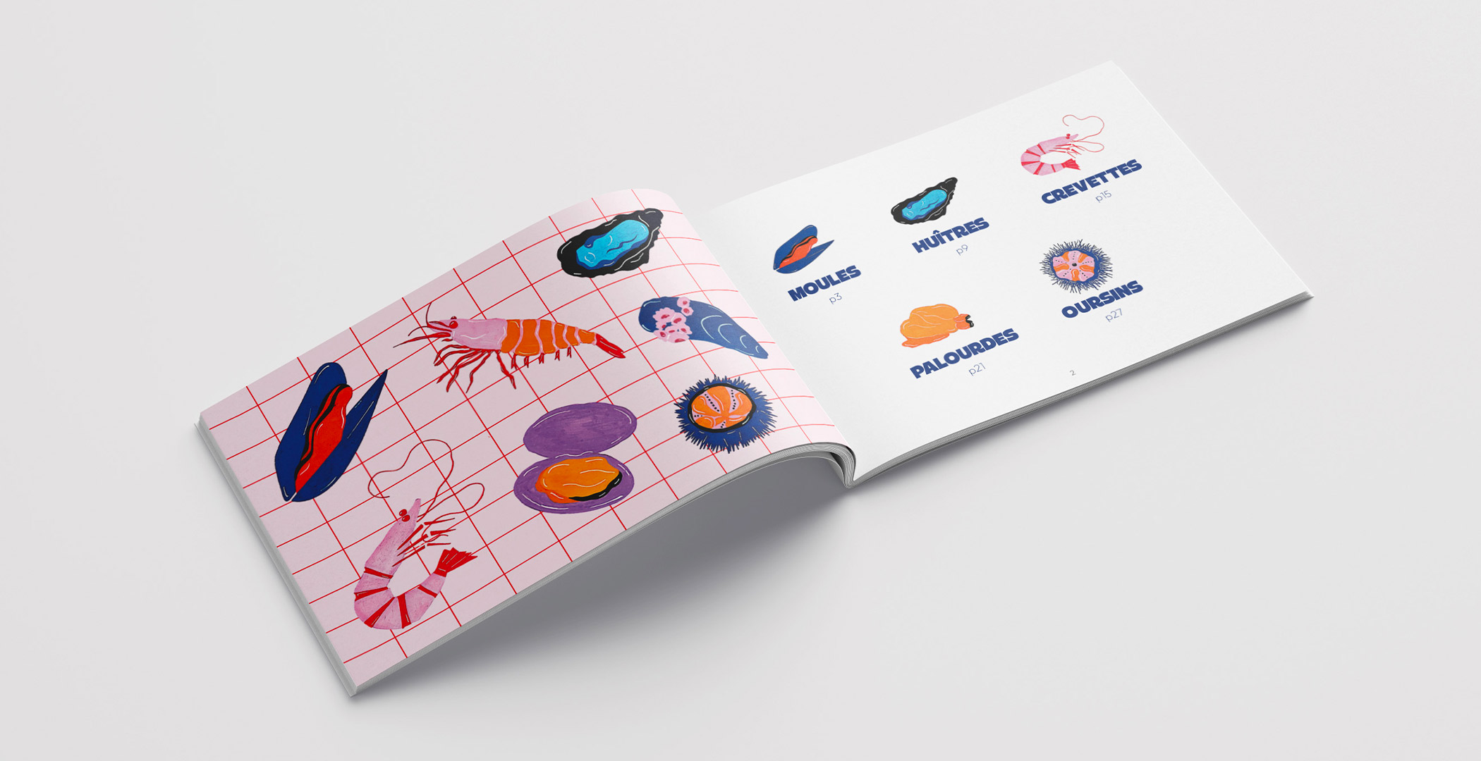 Cette image montre la page sommaire du lire coquillages & crustacés illustré avec différents types de fruits de mer, incluant des moules, des huîtres, des crevettes, des oursins, et des palourdes. Les illustrations sont colorées et disposées de manière organisée.