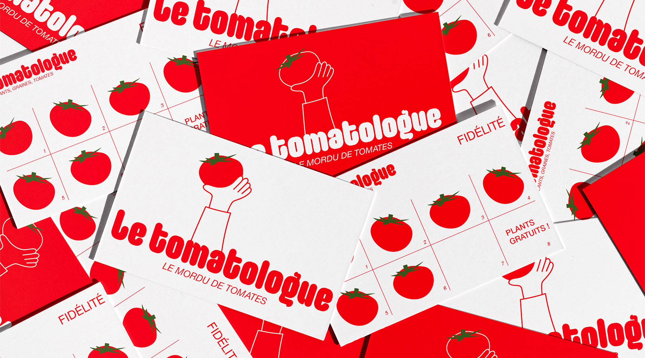 Carte de visite et de fidélité "Le Tomatologue" avec des tomates et une main tendue vers le haut portant une tomate.