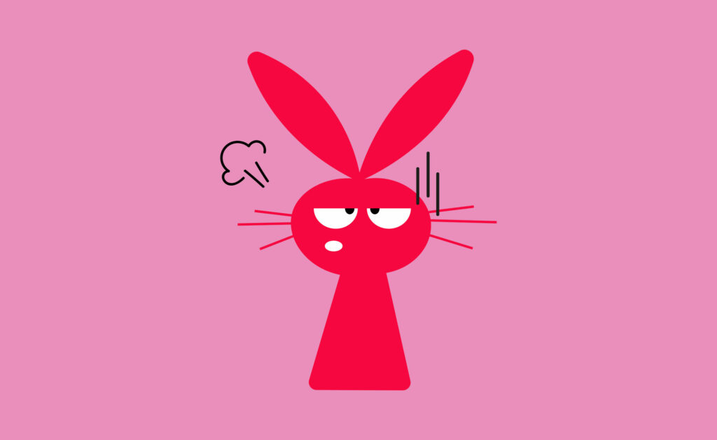 Une illustration d'un lapin rouge, pour le jeu des 7 familles révoltées, avec une expression en colère, l'air blasé et de la fumée sortant de ses oreilles.