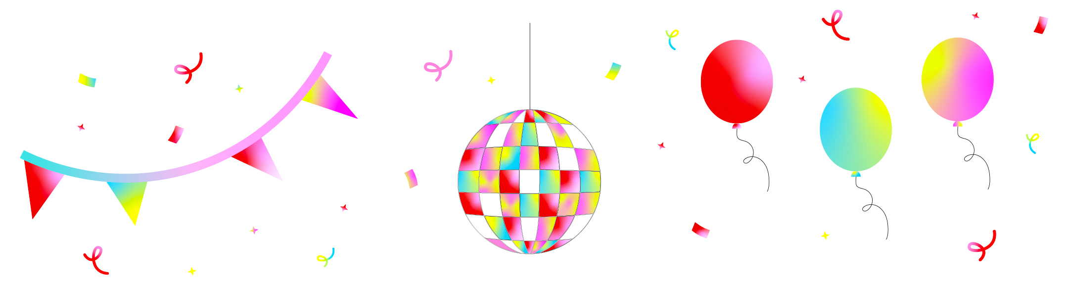 Des décorations de fête colorées incluant des ballons, des guirlandes et une boule à facettes, créant une ambiance festive.