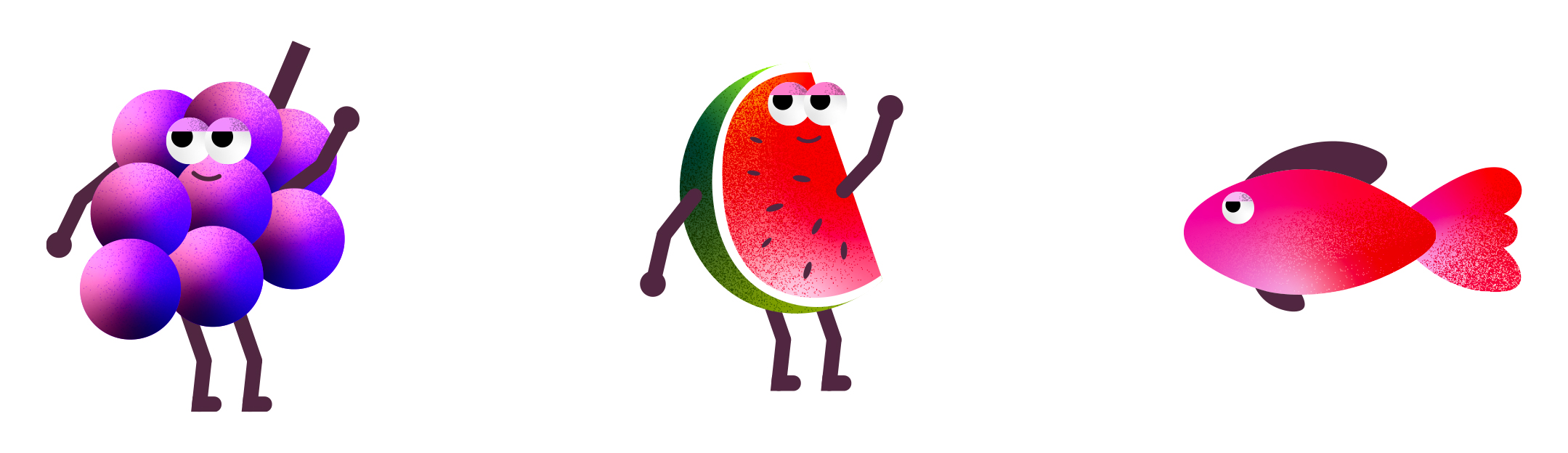 Trois personnages animés représentant des fruits : une grappe de raisin, une tranche de pastèque et un poisson rouge, chacun avec des expressions amusantes et des poses dynamiques.