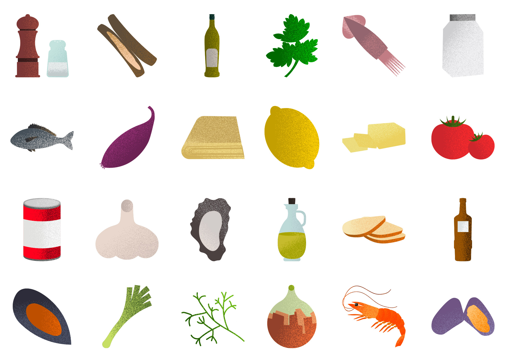 Une collection d’illustrations d’ingrédients de cuisine pour le livre de recette thau dans l’assiette. Incluant des épices, des légumes, des fruits de mer, des herbes et des produits laitiers.