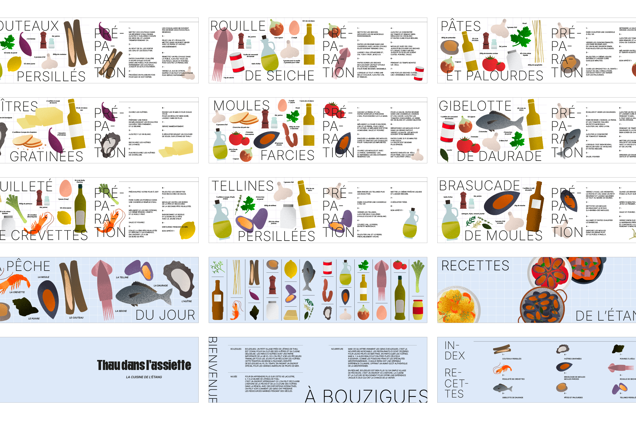 Détails de chaque page du livre de recette Thau dans l'assiette, chacune illustrée avec les ingrédients nécessaires et des instructions de préparation.