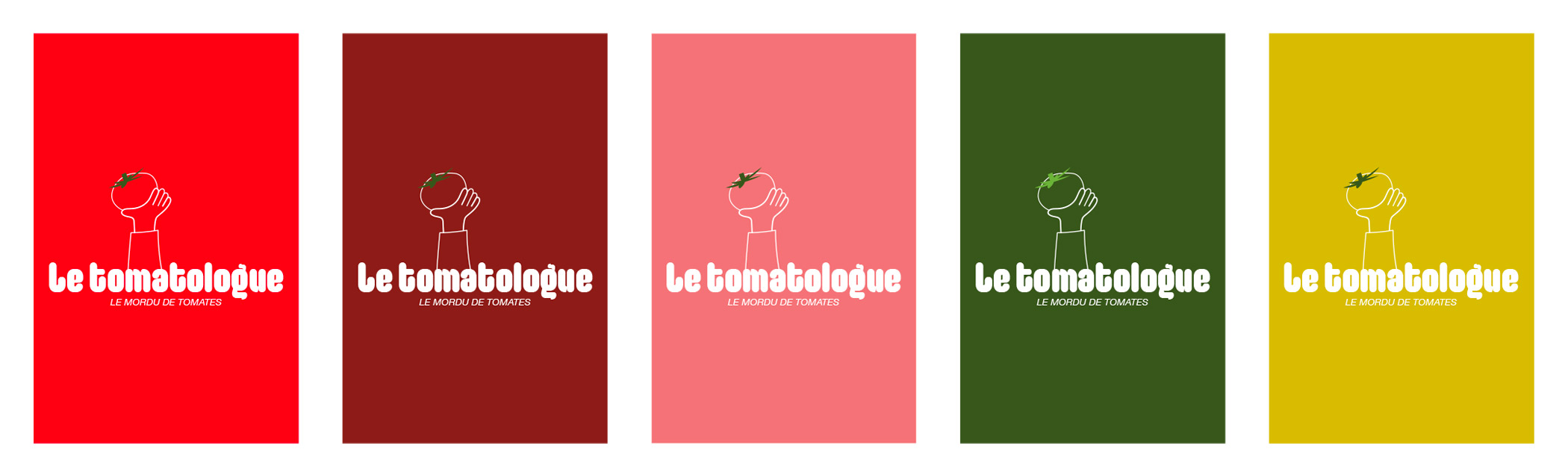 Logo de l'entreprise Le Tomatologue avec un fond rouge, rouge foncé, rose, vert et jaune, représentant une tomate stylisée et le texte "Le Tomatologue - Le mordu de tomates".
