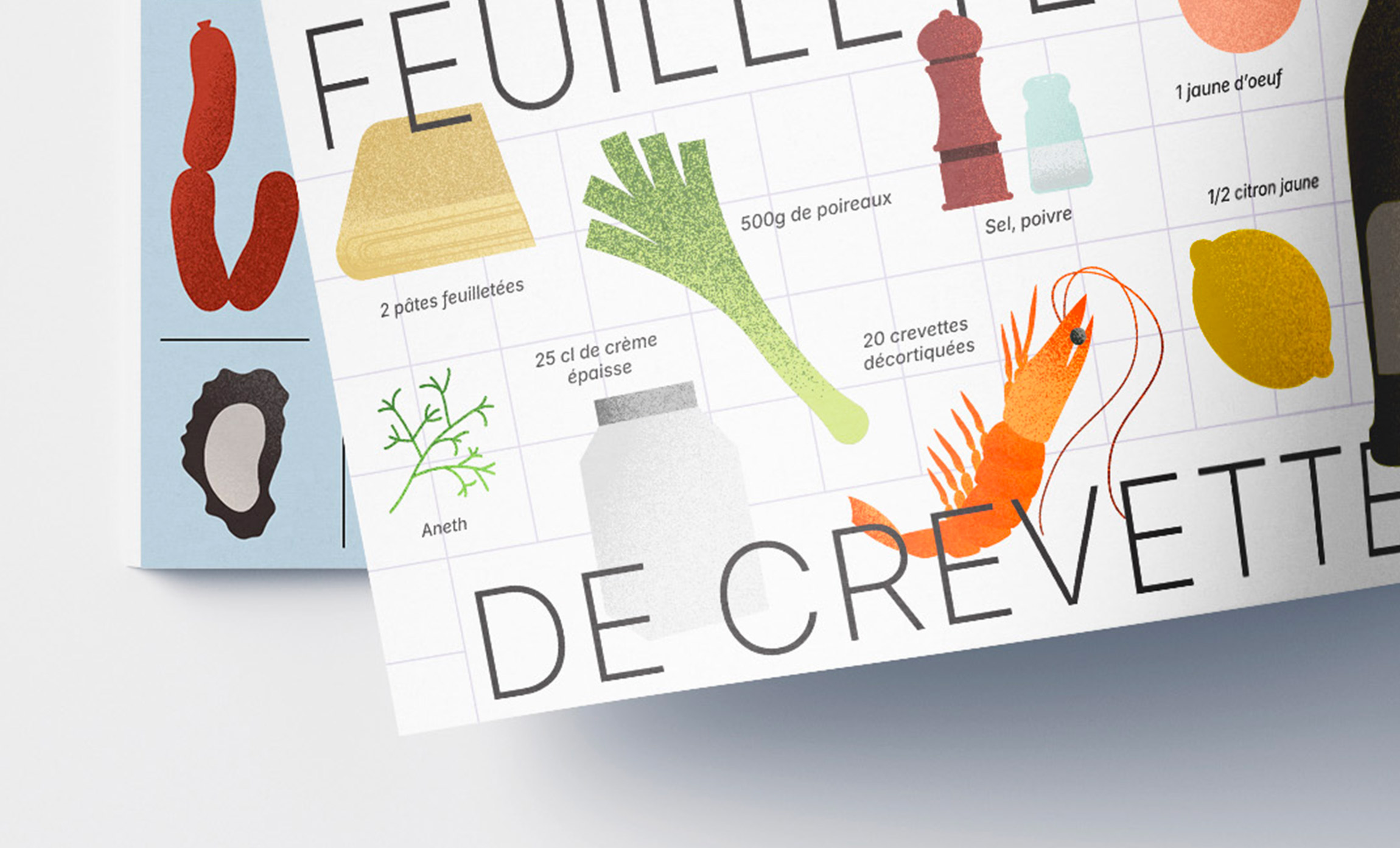 Zoom sur la page de recette montrant les ingrédients d'un feuilleté de crevettes avec des illustrations et les quantités détaillées.
