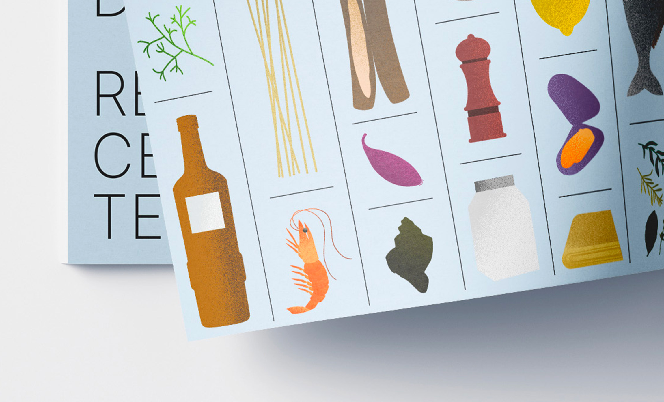 Cette image présente une variété d'ingrédients illustrés, tels que des herbes, des pâtes, du poivre, des crevettes, et des coquillages, nécessaires pour préparer les recettes du livre.