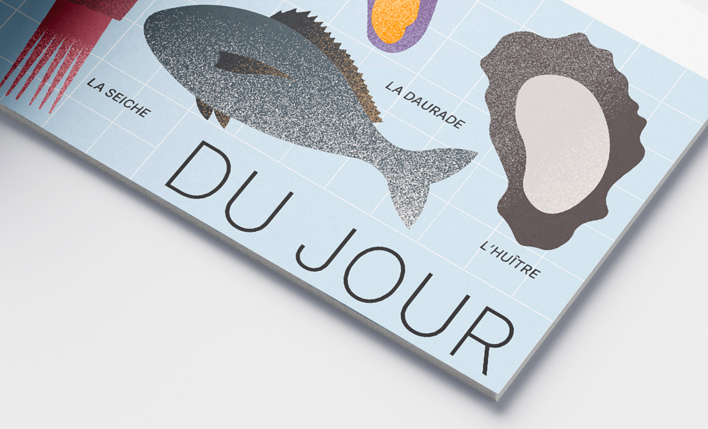 Cette image montre des illustrations colorées de différents poissons et fruits de mer, incluant la seiche, la dorade et l'huître, de la pêche du jour.