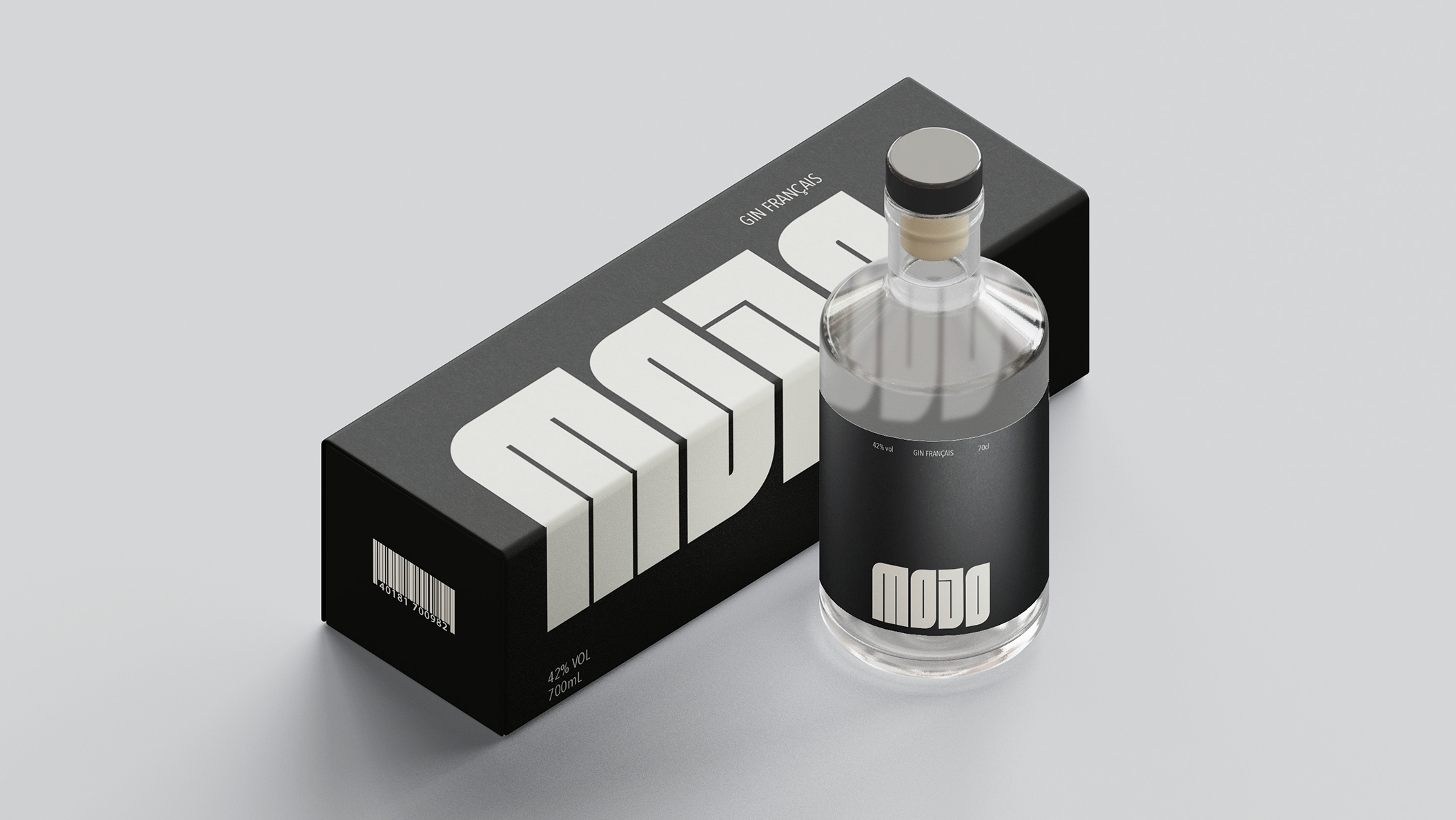 Packaging de la bouteille de gin Mojo avec sa bouteille, avec une étiquette noire et la typographie blanche, contenant 70 cl à 42% vol.