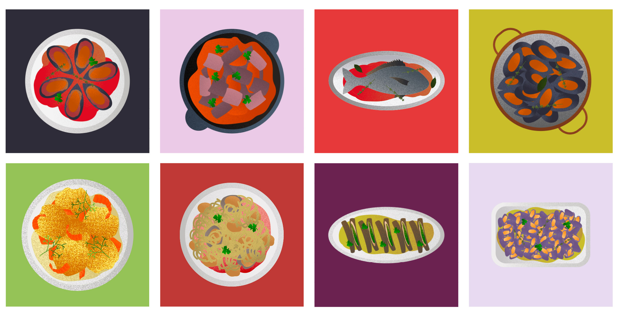 Illustrations des plats traditionnels de l'étang de Thau pour le livre de recette Thau dans l'assiette. On retrouve par exemple le gibelotte de daurade, les pâtes aux palourdes, la rouille de seiche,...