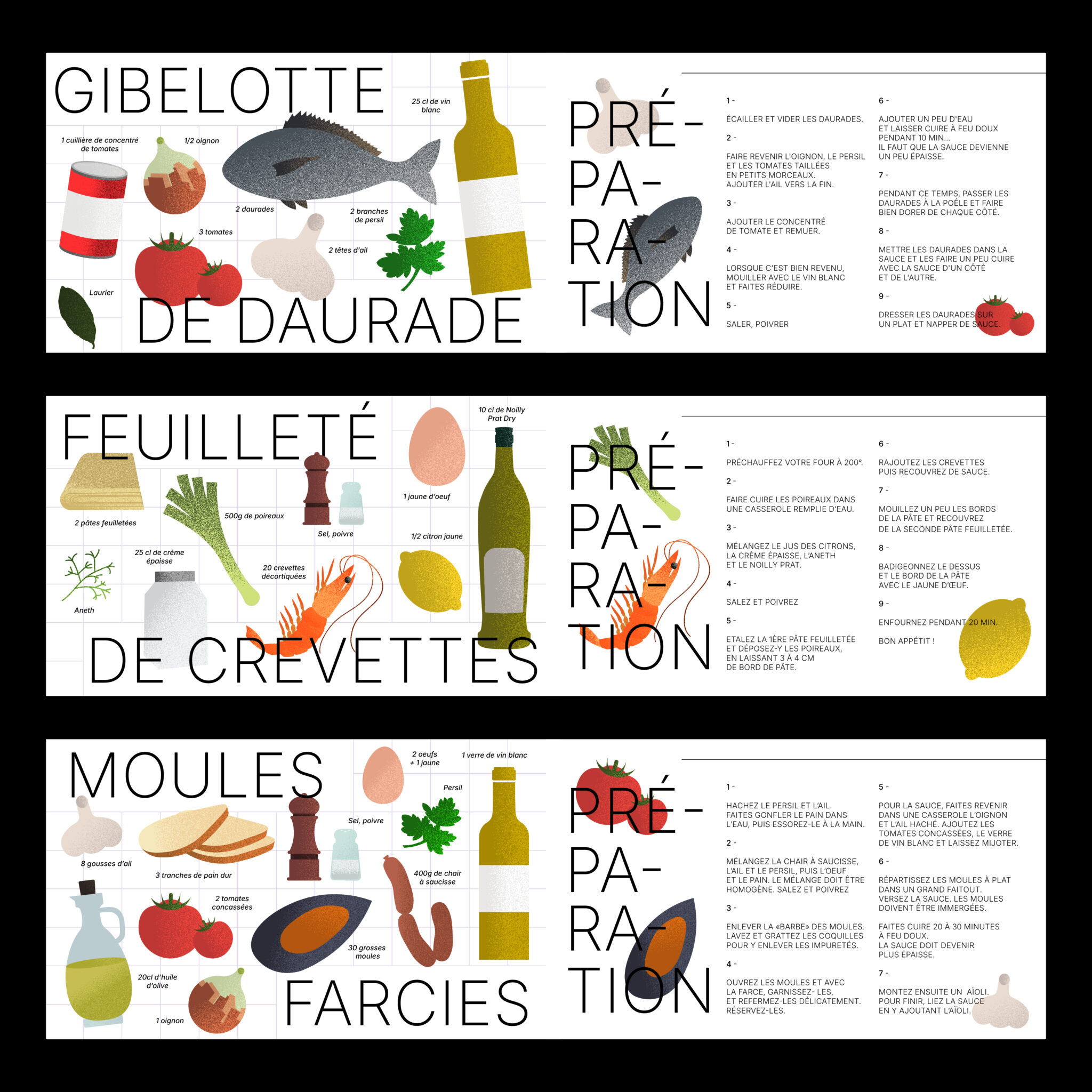 Trois recettes de cuisine illustrées avec des ingrédients et des instructions détaillées pour la préparation de plats à base de poisson, crevettes et moules.