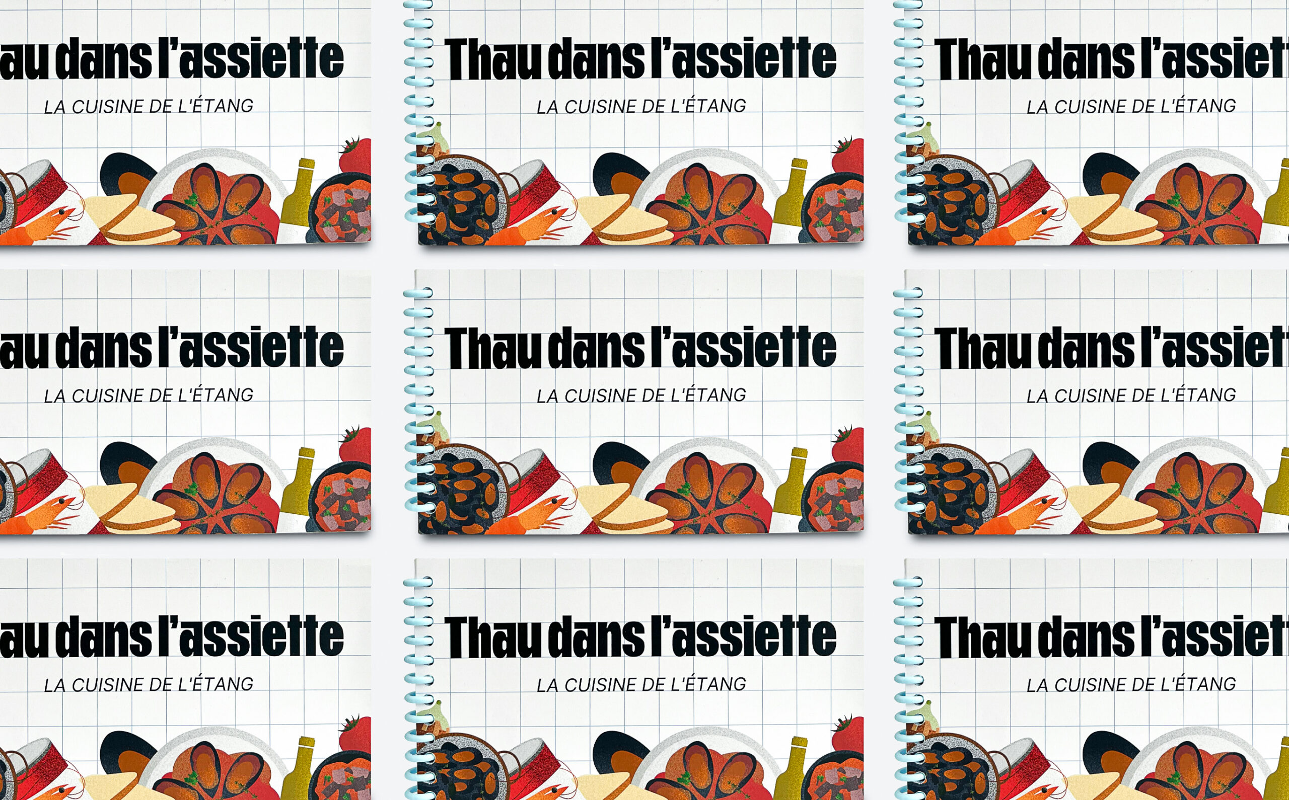 Couvertures du livres de cuisine Thau dans l'assiette illustrées avec des crevettes, des légumes et des ustensiles de cuisine.