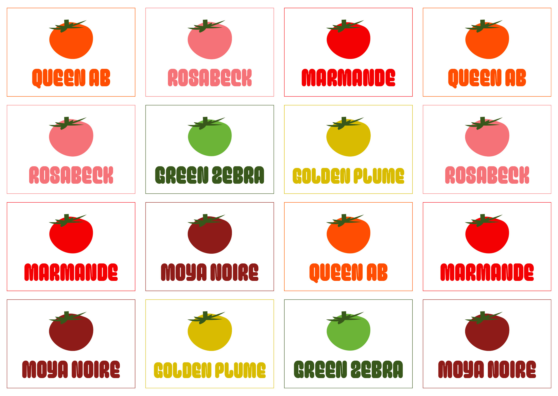 Différentes étiquettes de couleur : rouge, rouge foncé, rose, vert, jaune, orange. Pour les différentes variétés de tomate : marinade, Queen AB, rosabeck, moya noire, golden plume et green zébra.