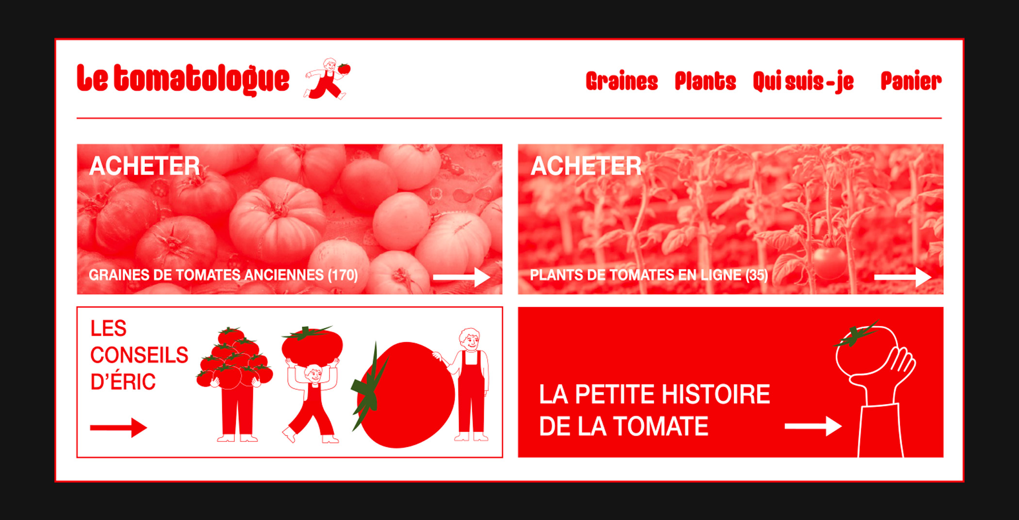 Paged'accueil sur le site du Tomatologue, possibilité d'acheter des graines de tomates ainsi que des plants + Pages conseils d'Éric et histoire de la tomate.