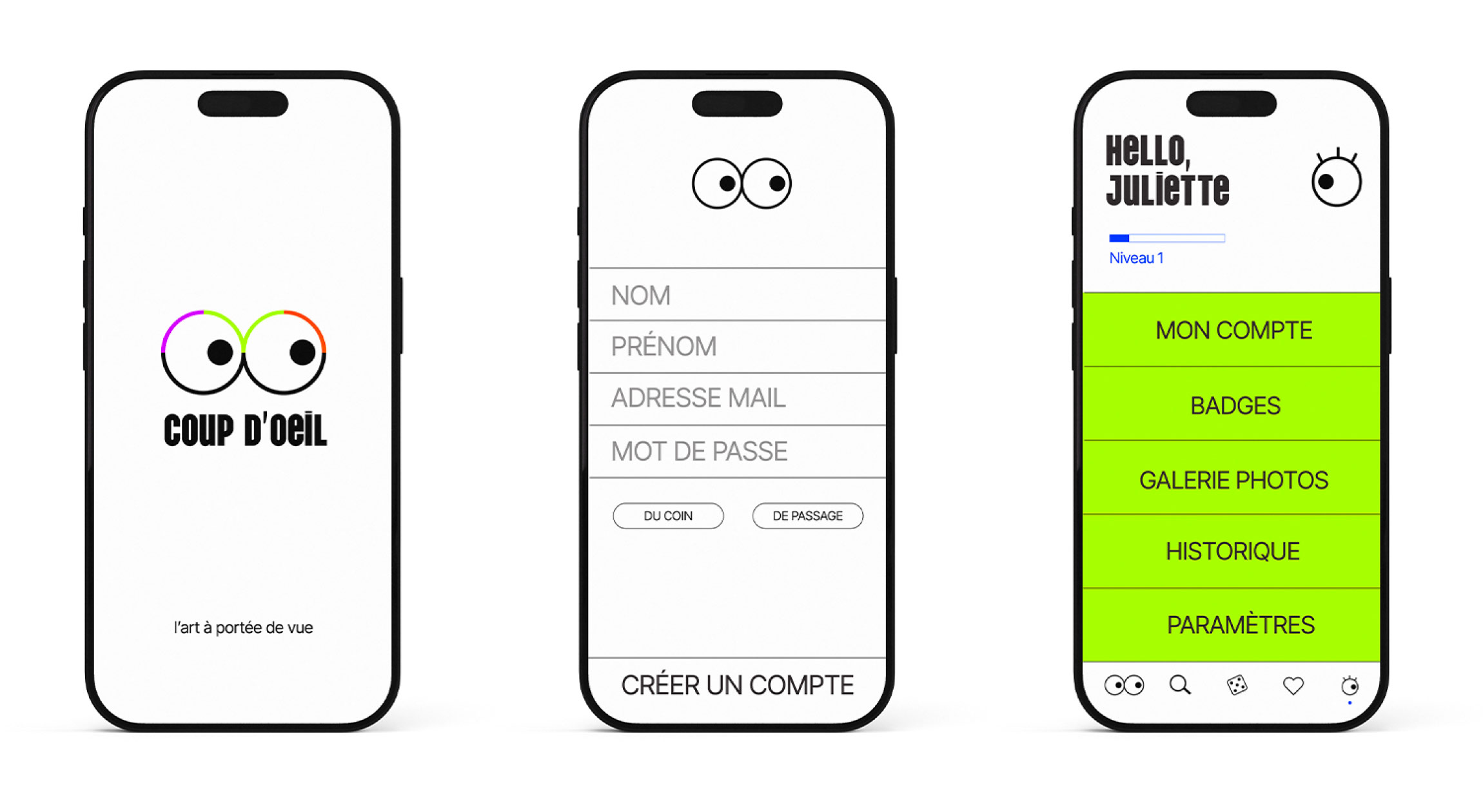 Pages d'accueil de l'application Coup d'œil, présentant le logo et le slogan, permettant de créer un compte et l'accès à son compte.