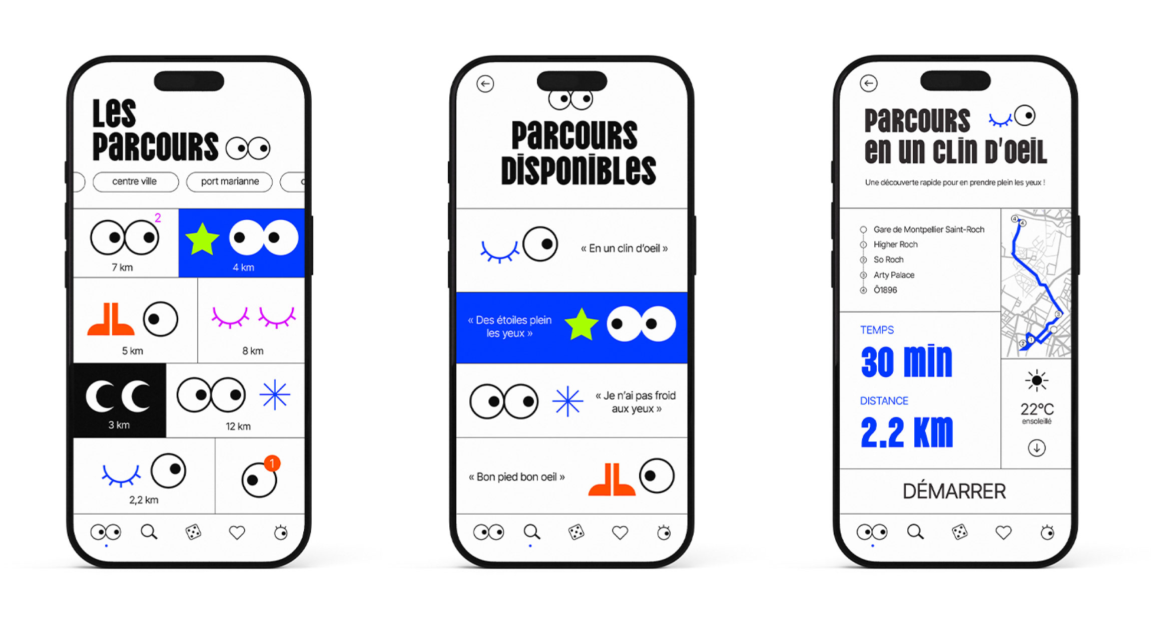 Pages d'accueil de l'application avec les différents parcours proposés, ainsi que l'exemple d'un parcours à faire.