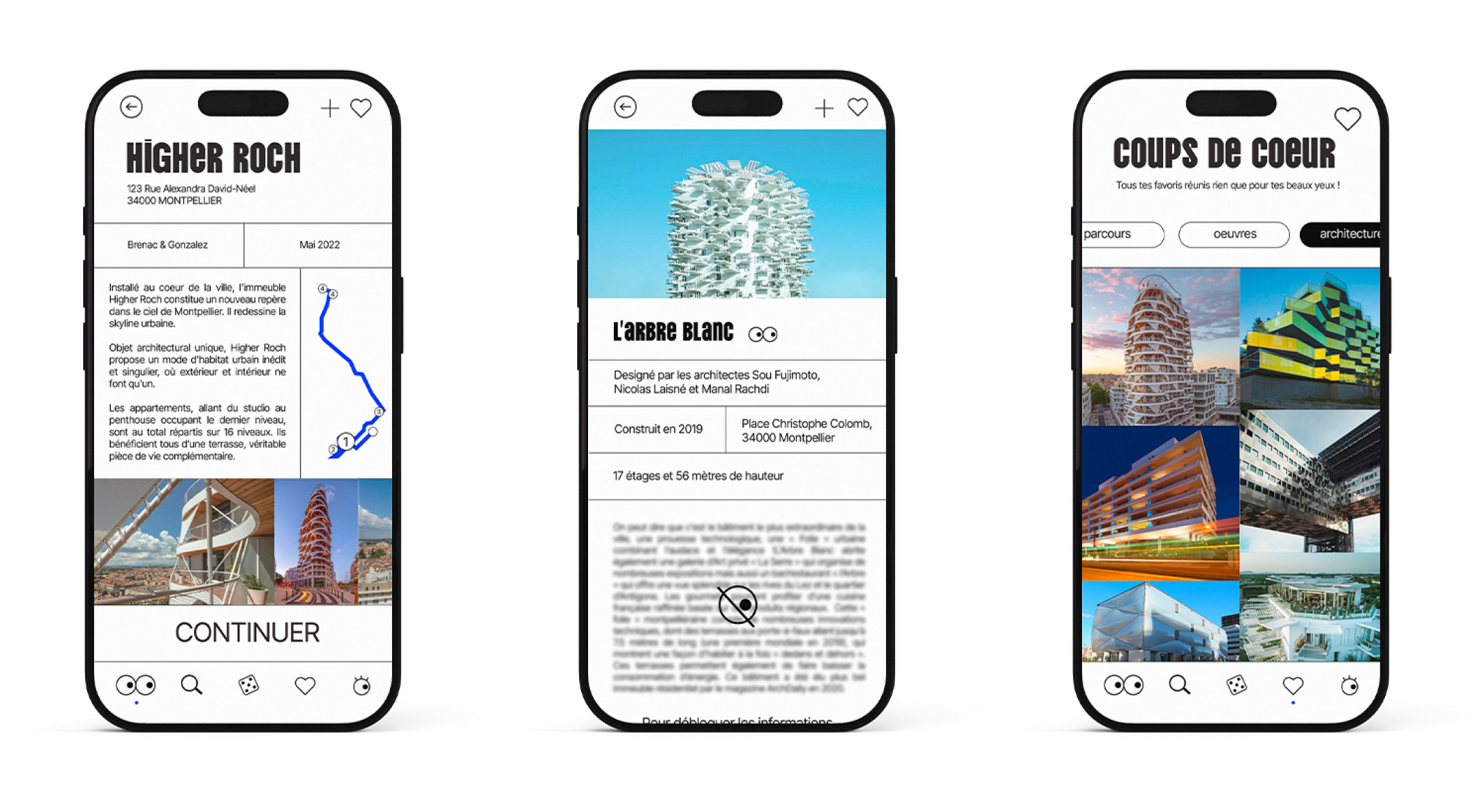 Pages d'information sur des oeuvres ainsi que la section favoris de l'application.