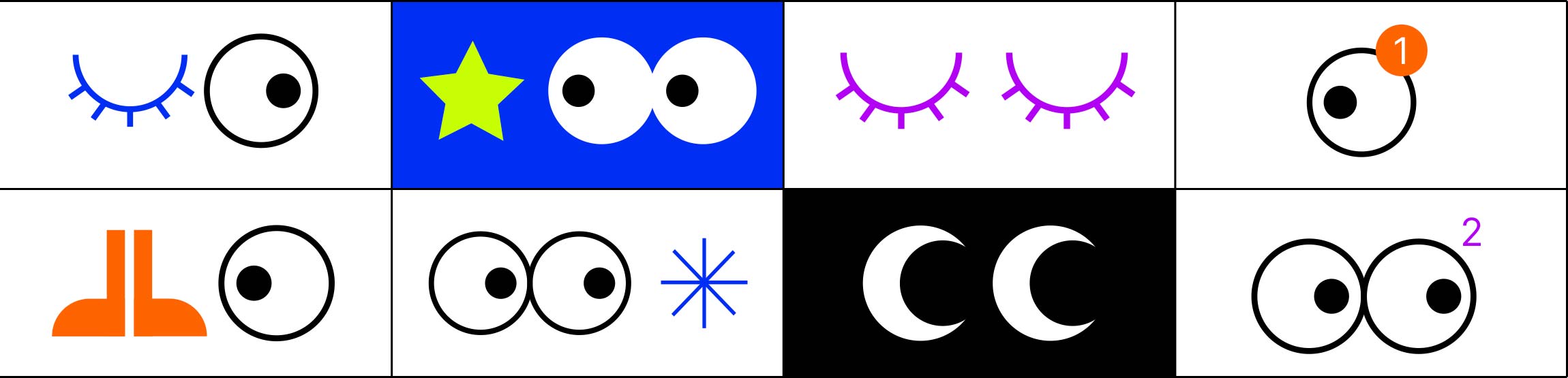 Illustrations des différents parcours de l'application Coup d'Oeil représentant des expressions françaises en liens avec les yeux.