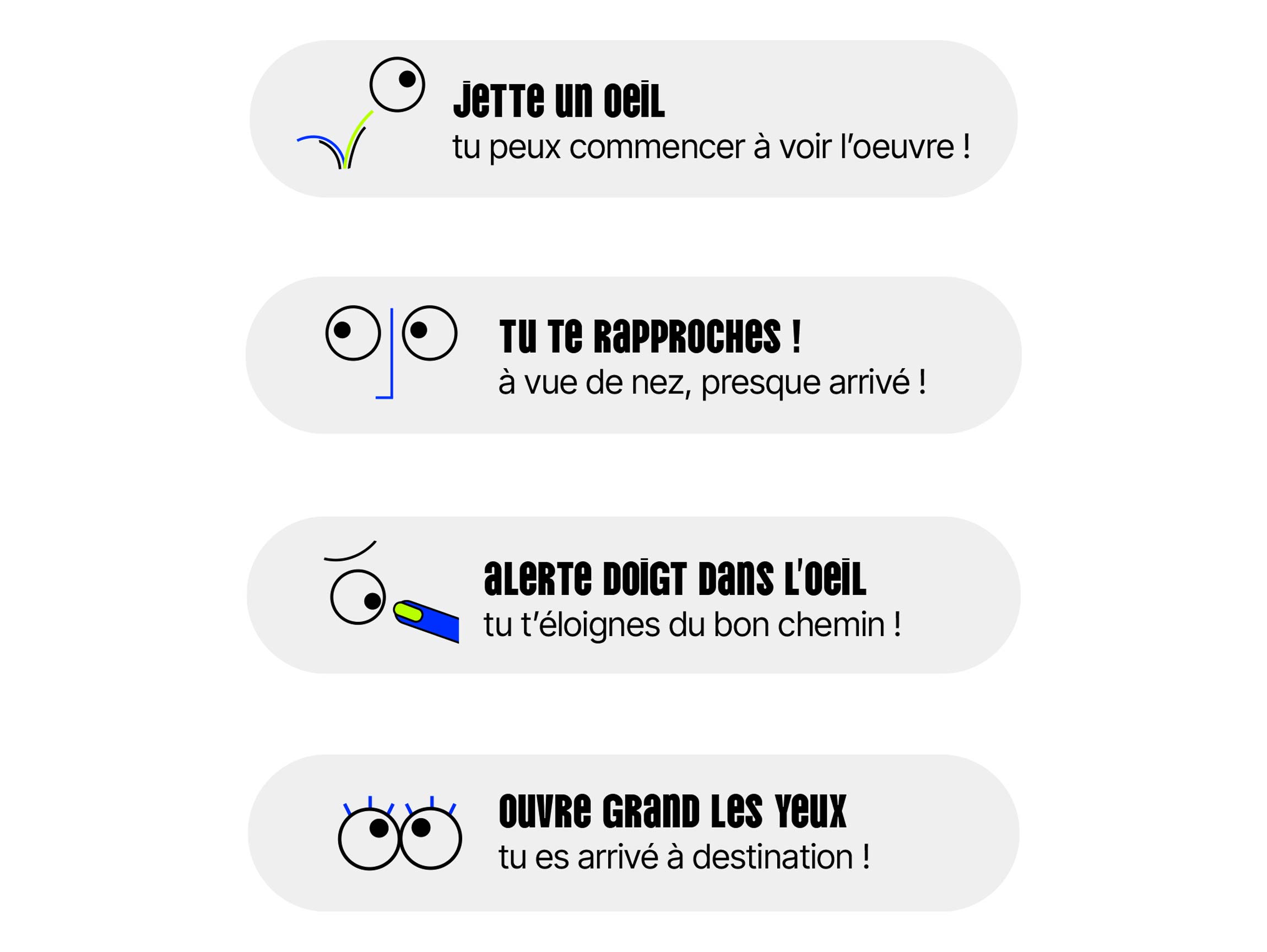 Différentes notifications possible dans l'application coup d'oeil qui peuvent apparaître lorsque l'on fait un parcours.