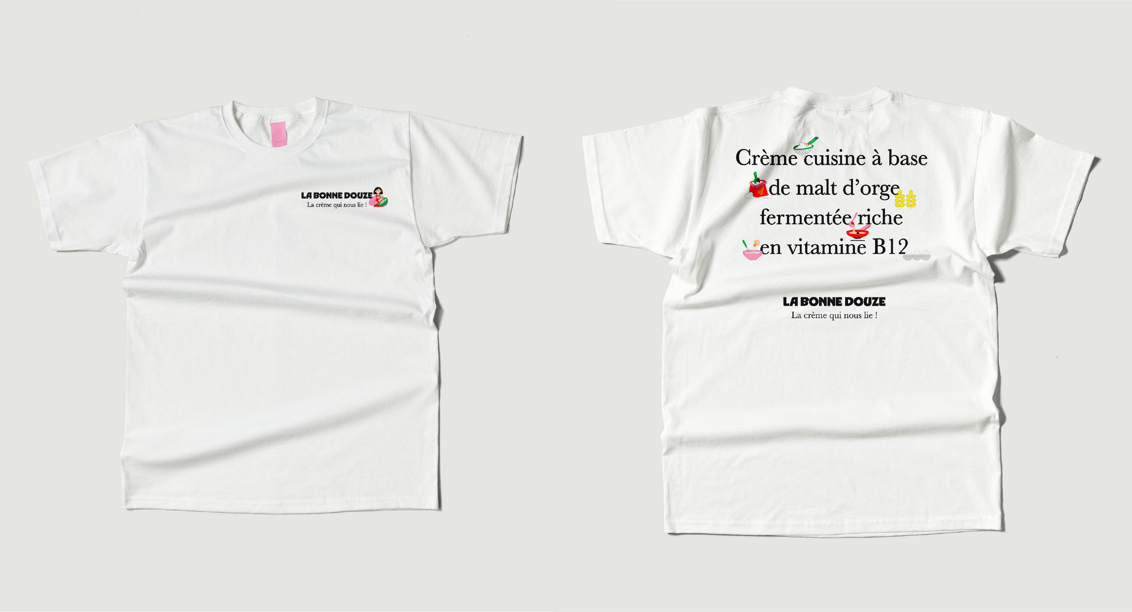 T-shirt pour la marque la bonne douze avec le logo la bonne douze et le slogan : la crème qui nous lie !